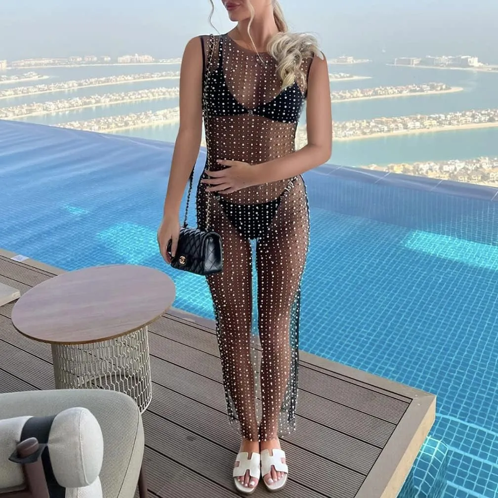LOFAAC Women Sexy Pearl Rhinestone See Through Cover Up Dress Sheer Mesh Swimwear Bikini Beach Bathing Suit Coverups