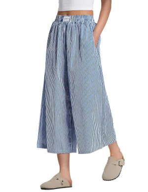 LOMON Womens Wide Leg Capri Pants Cotton Gingham Plaid Culottes Summer Elastic Waist Palazzo Trousers Bottoms with Pockets