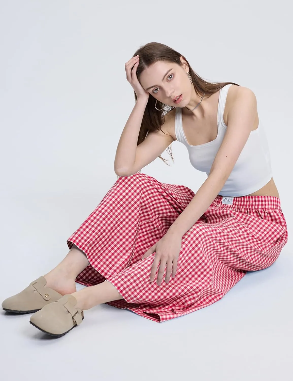 LOMON Womens Wide Leg Capri Pants Cotton Gingham Plaid Culottes Summer Elastic Waist Palazzo Trousers Bottoms with Pockets