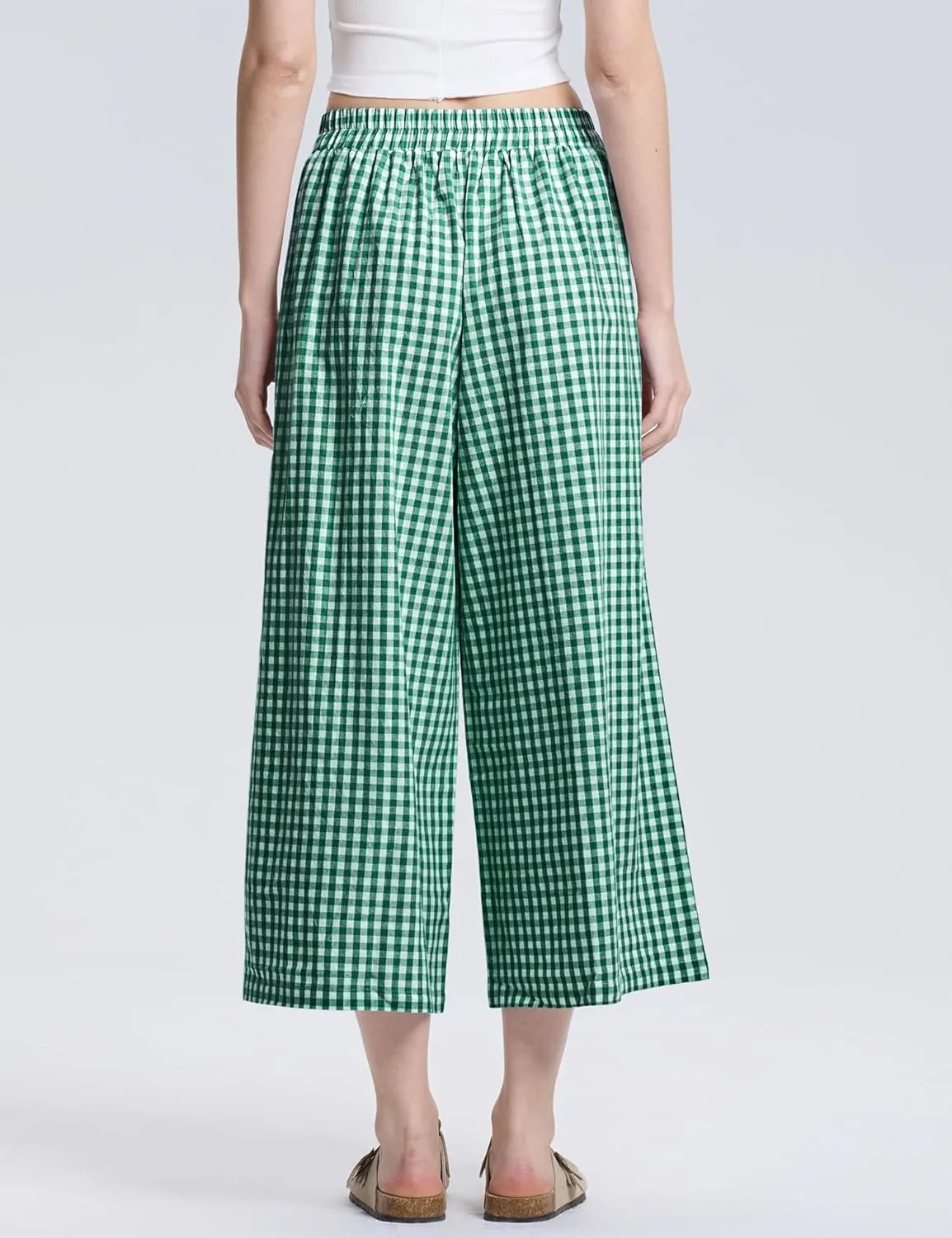 LOMON Womens Wide Leg Capri Pants Cotton Gingham Plaid Culottes Summer Elastic Waist Palazzo Trousers Bottoms with Pockets