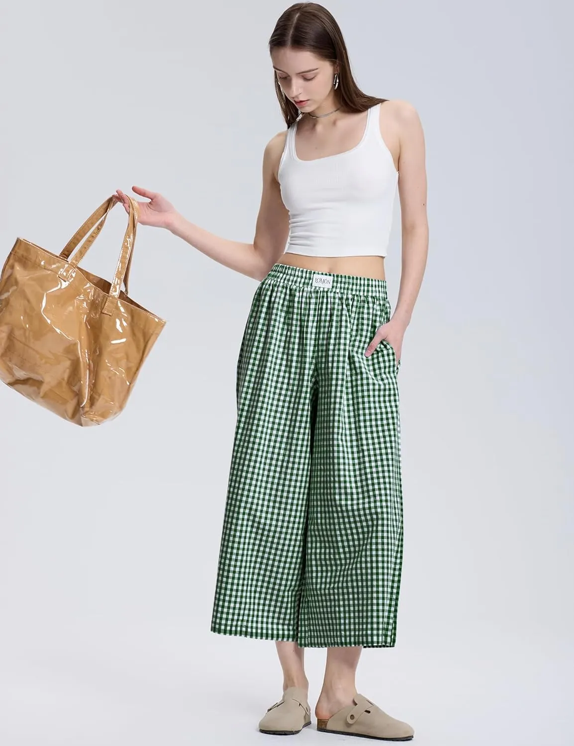 LOMON Womens Wide Leg Capri Pants Cotton Gingham Plaid Culottes Summer Elastic Waist Palazzo Trousers Bottoms with Pockets