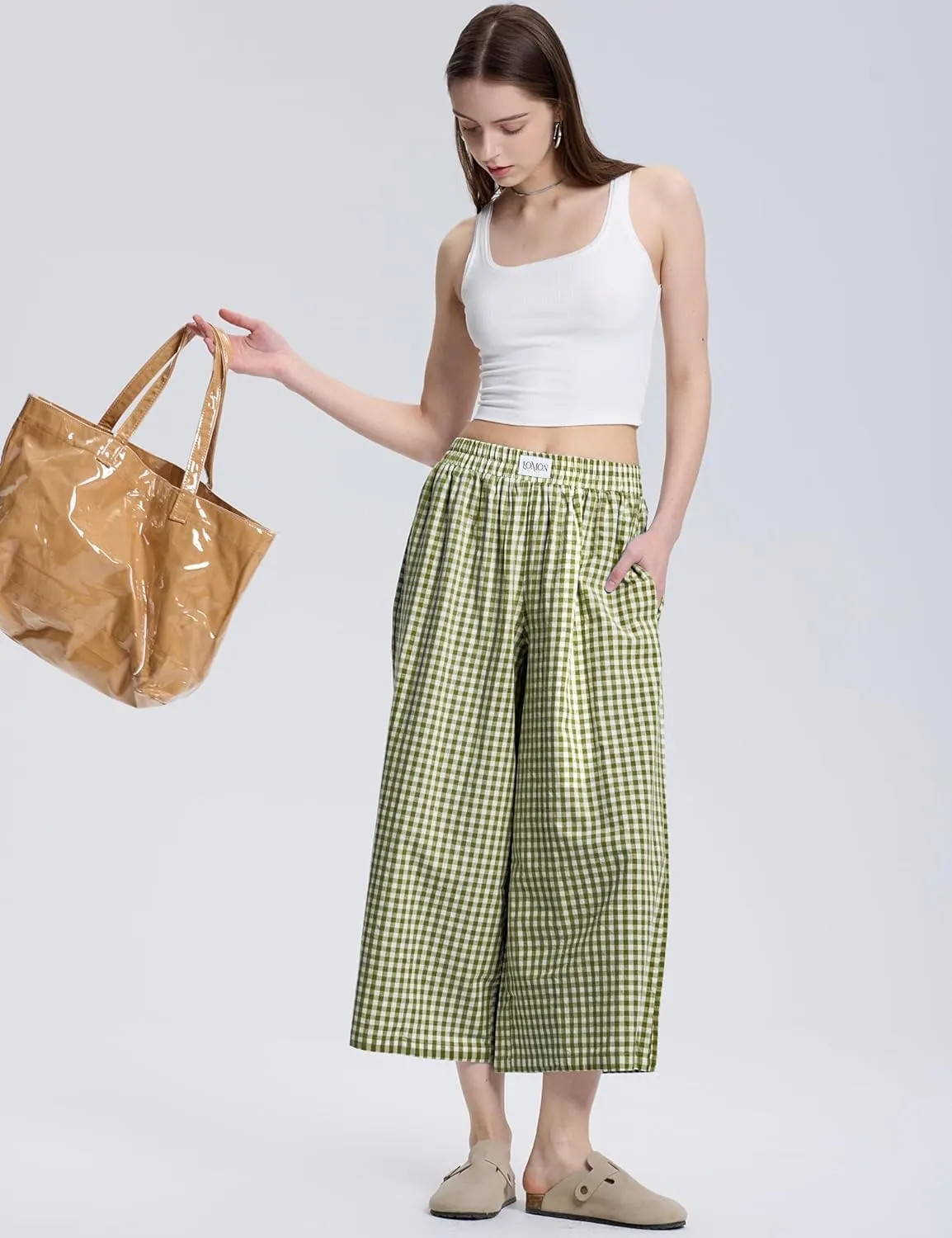 LOMON Womens Wide Leg Capri Pants Cotton Gingham Plaid Culottes Summer Elastic Waist Palazzo Trousers Bottoms with Pockets