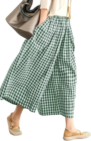 LOMON Womens Wide Leg Capri Pants Cotton Gingham Plaid Culottes Summer Elastic Waist Palazzo Trousers Bottoms with Pockets
