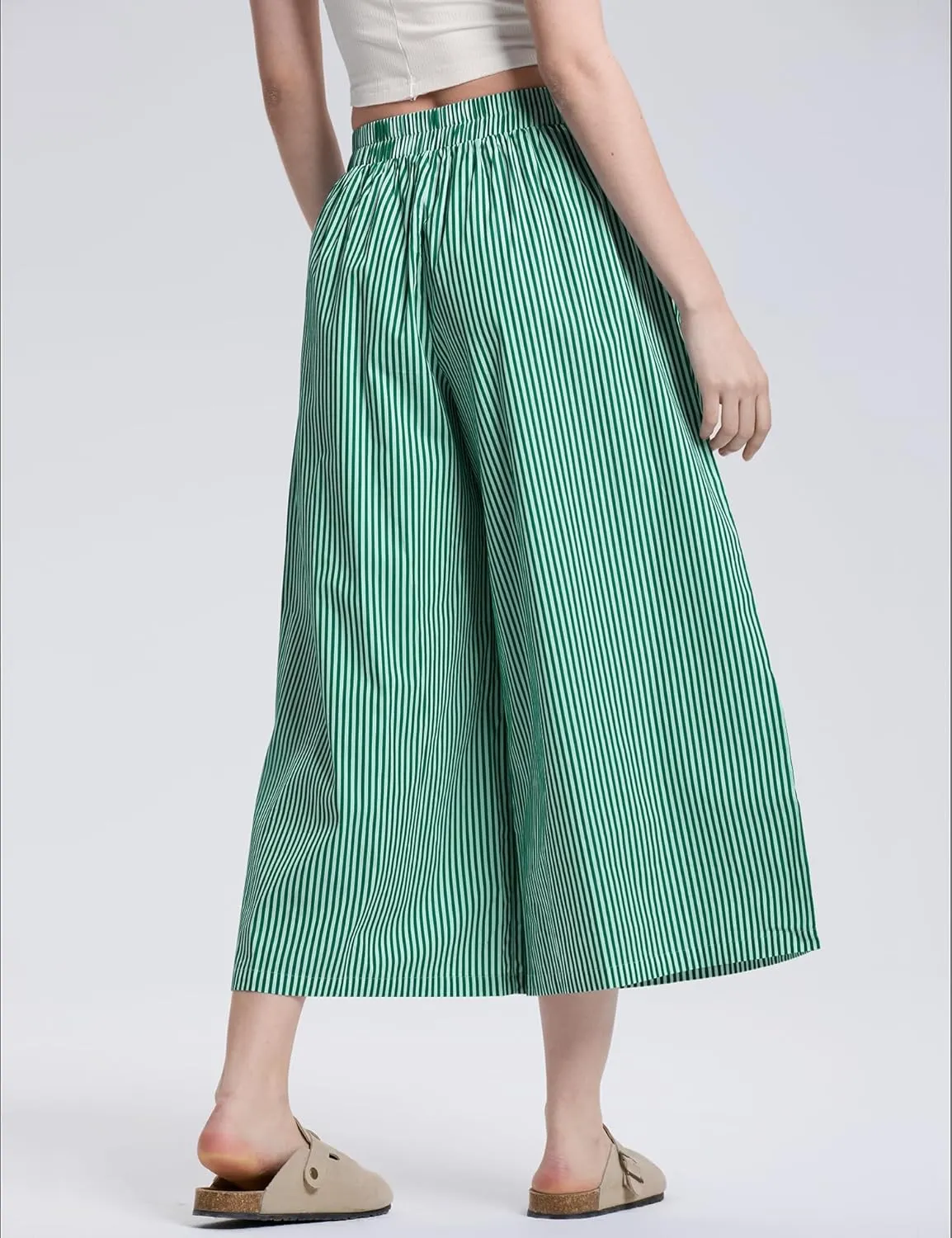 LOMON Womens Wide Leg Capri Pants Cotton Gingham Plaid Culottes Summer Elastic Waist Palazzo Trousers Bottoms with Pockets