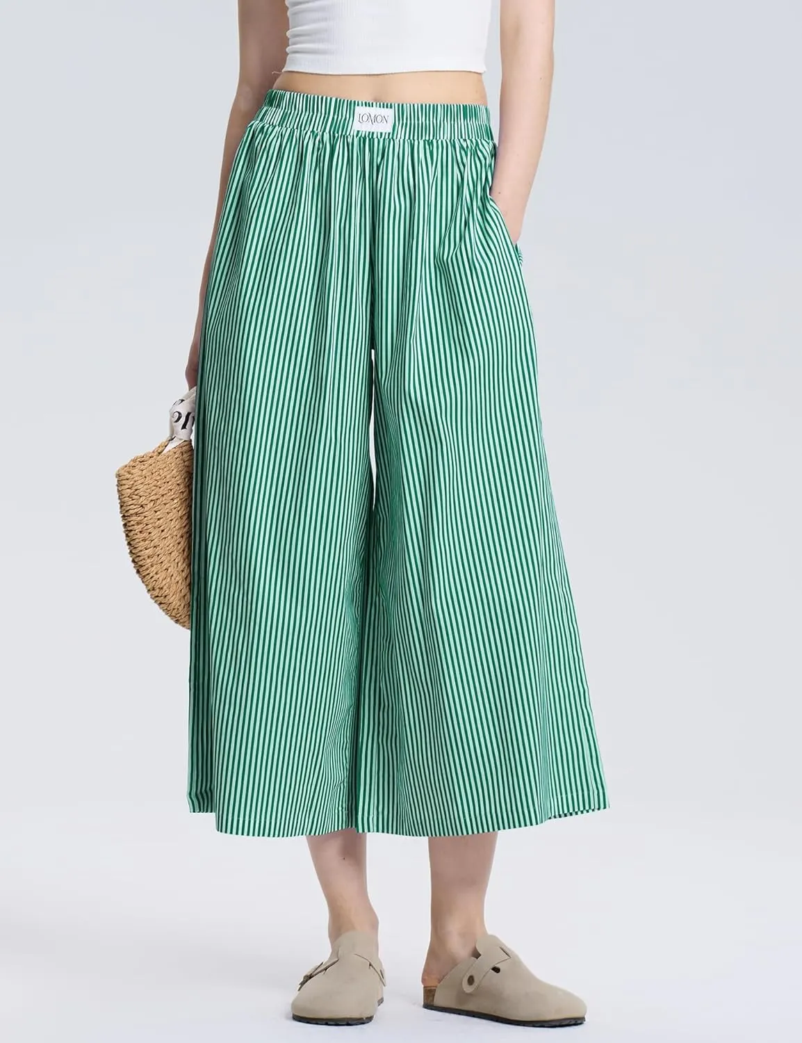LOMON Womens Wide Leg Capri Pants Cotton Gingham Plaid Culottes Summer Elastic Waist Palazzo Trousers Bottoms with Pockets