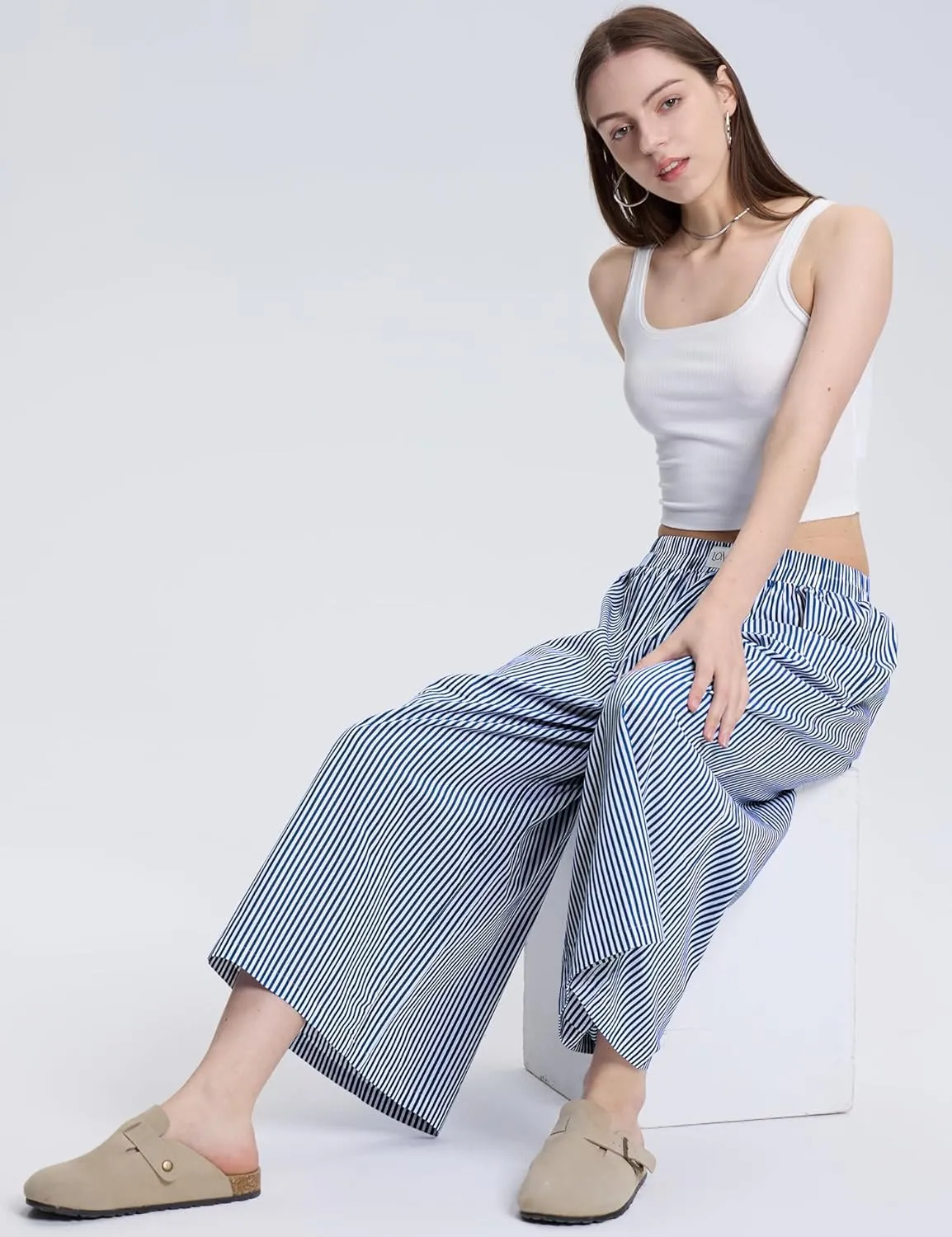 LOMON Womens Wide Leg Capri Pants Cotton Gingham Plaid Culottes Summer Elastic Waist Palazzo Trousers Bottoms with Pockets