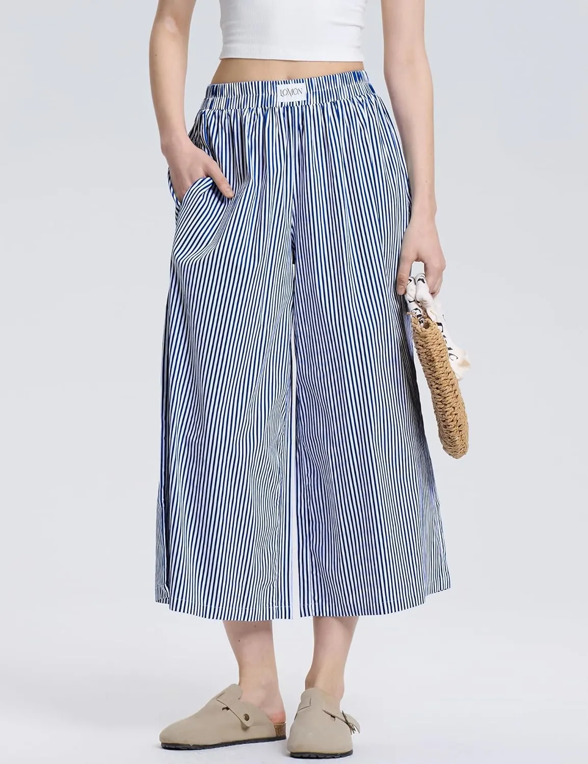 LOMON Womens Wide Leg Capri Pants Cotton Gingham Plaid Culottes Summer Elastic Waist Palazzo Trousers Bottoms with Pockets