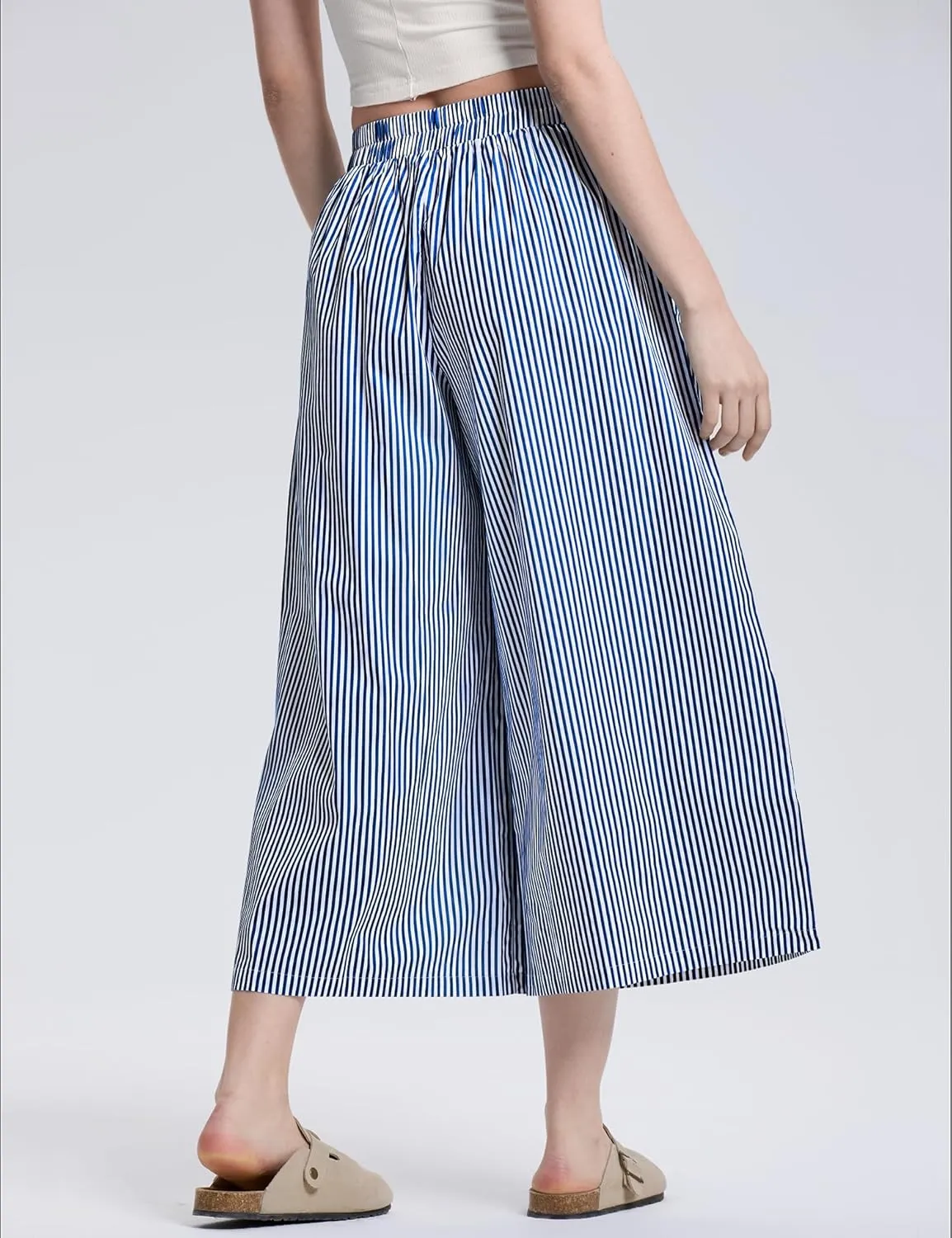 LOMON Womens Wide Leg Capri Pants Cotton Gingham Plaid Culottes Summer Elastic Waist Palazzo Trousers Bottoms with Pockets