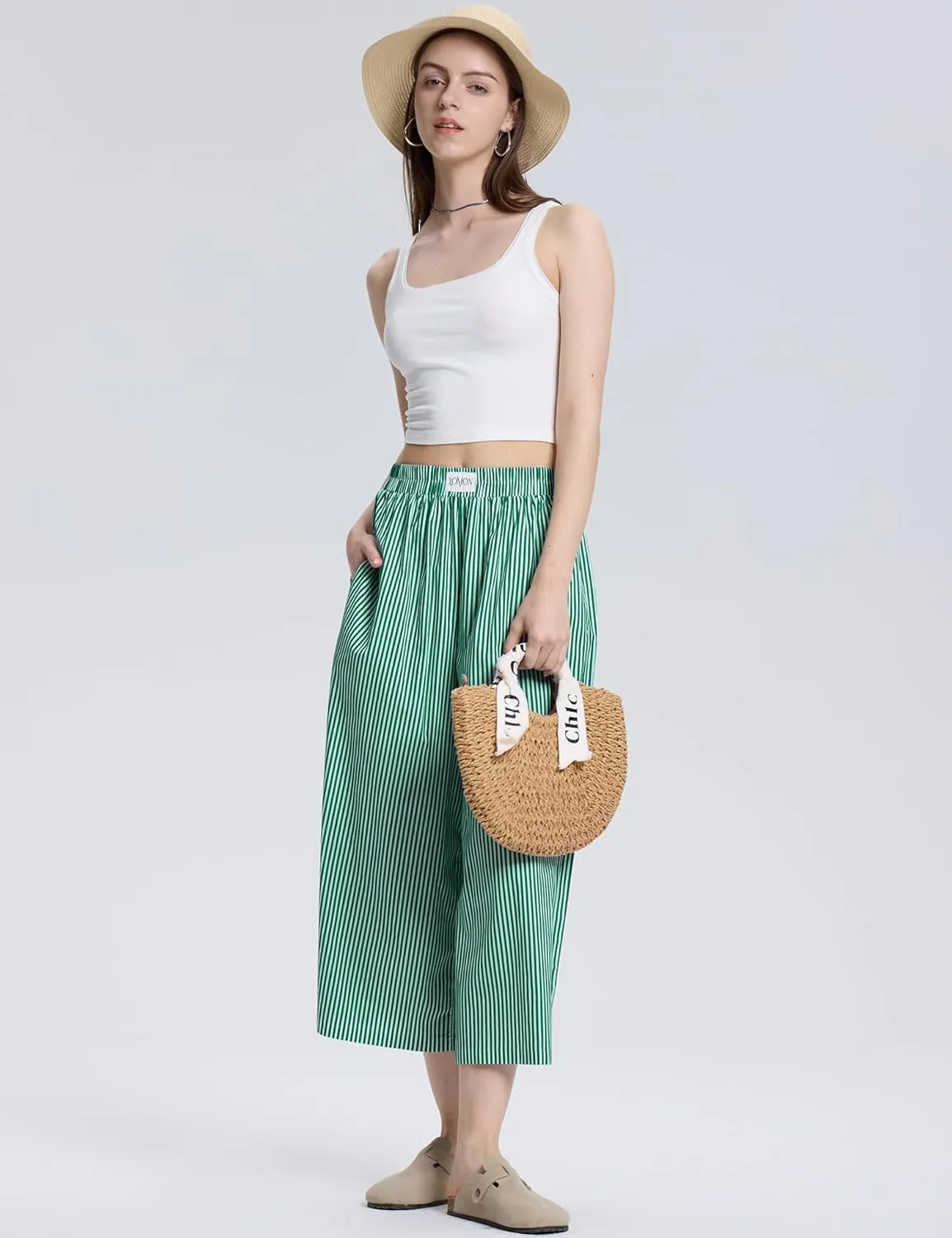 LOMON Womens Wide Leg Capri Pants Cotton Gingham Plaid Culottes Summer Elastic Waist Palazzo Trousers Bottoms with Pockets