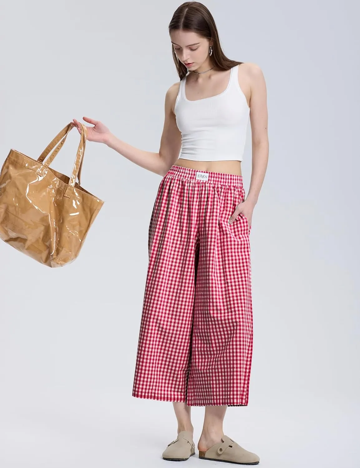 LOMON Womens Wide Leg Capri Pants Cotton Gingham Plaid Culottes Summer Elastic Waist Palazzo Trousers Bottoms with Pockets