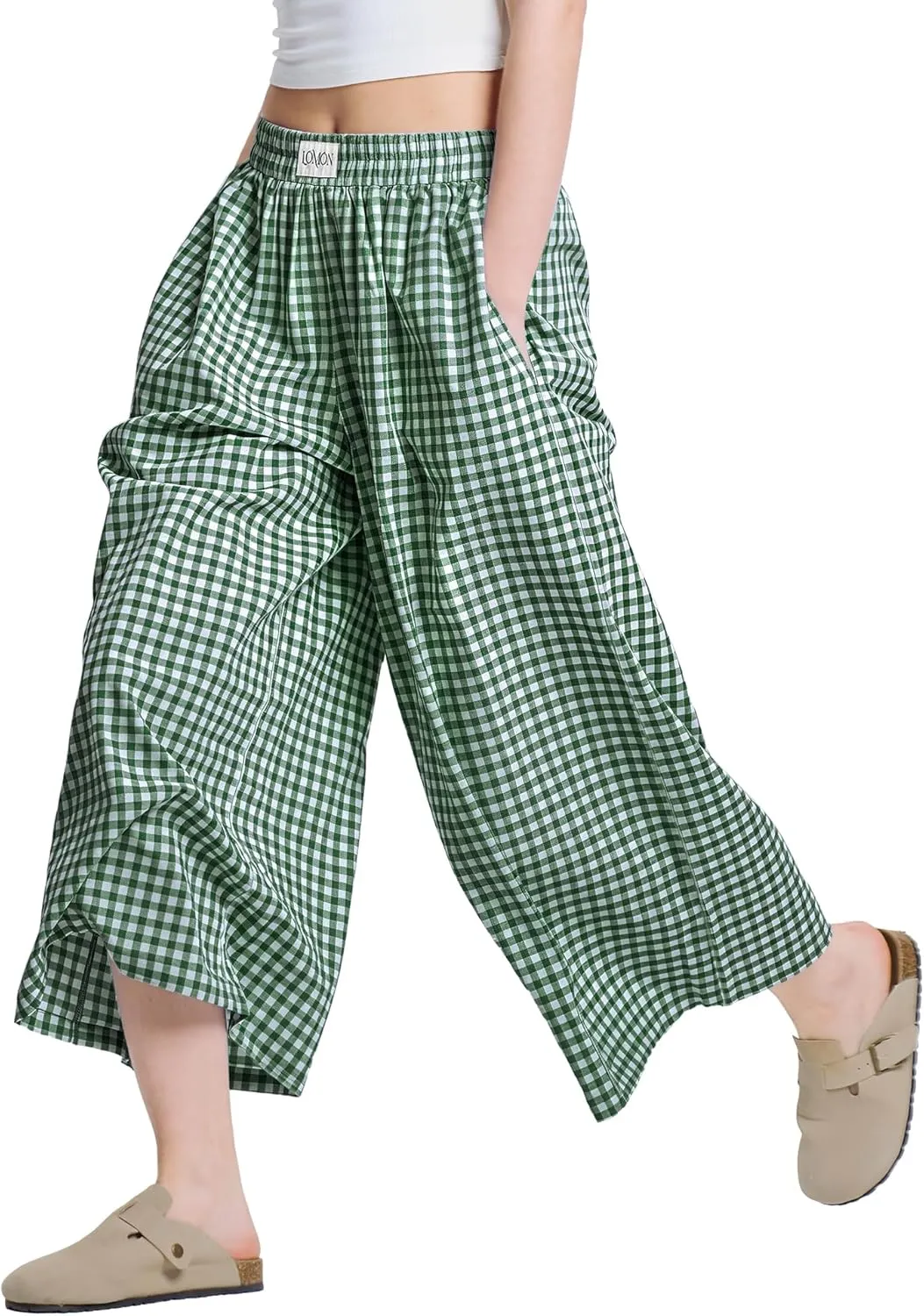 LOMON Womens Wide Leg Capri Pants Cotton Gingham Plaid Culottes Summer Elastic Waist Palazzo Trousers Bottoms with Pockets