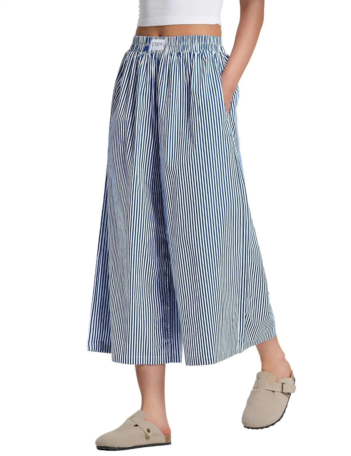 LOMON Womens Wide Leg Capri Pants Cotton Gingham Plaid Culottes Summer Elastic Waist Palazzo Trousers Bottoms with Pockets