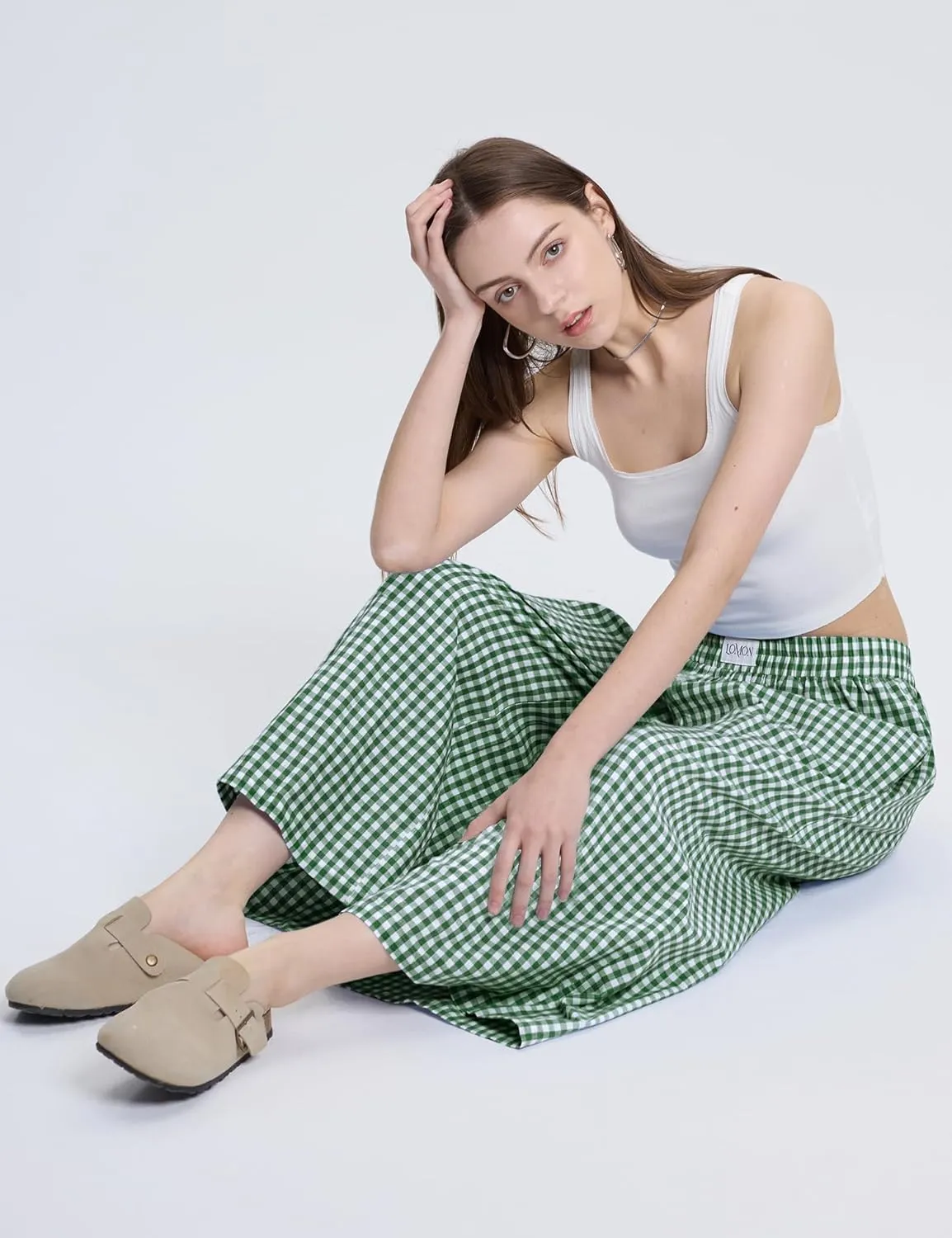LOMON Womens Wide Leg Capri Pants Cotton Gingham Plaid Culottes Summer Elastic Waist Palazzo Trousers Bottoms with Pockets