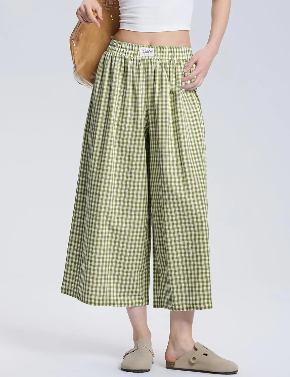 LOMON Womens Wide Leg Capri Pants Cotton Gingham Plaid Culottes Summer Elastic Waist Palazzo Trousers Bottoms with Pockets