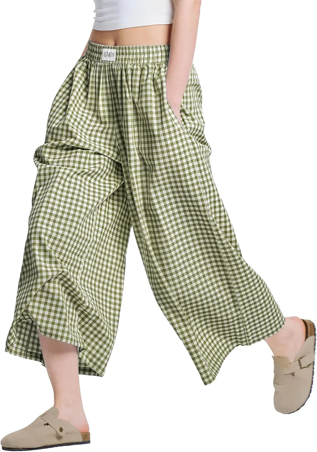 LOMON Womens Wide Leg Capri Pants Cotton Gingham Plaid Culottes Summer Elastic Waist Palazzo Trousers Bottoms with Pockets