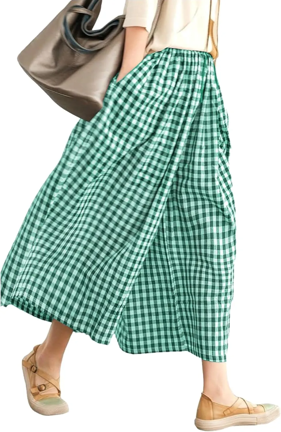LOMON Womens Wide Leg Capri Pants Cotton Gingham Plaid Culottes Summer Elastic Waist Palazzo Trousers Bottoms with Pockets