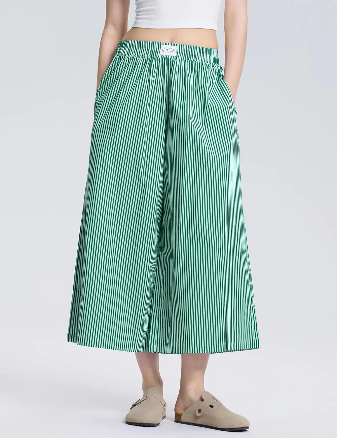 LOMON Womens Wide Leg Capri Pants Cotton Gingham Plaid Culottes Summer Elastic Waist Palazzo Trousers Bottoms with Pockets
