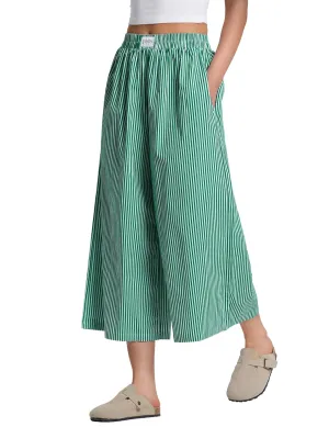 LOMON Womens Wide Leg Capri Pants Cotton Gingham Plaid Culottes Summer Elastic Waist Palazzo Trousers Bottoms with Pockets
