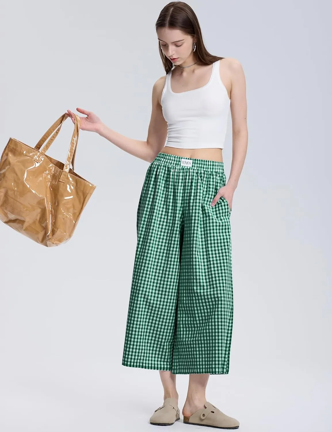 LOMON Womens Wide Leg Capri Pants Cotton Gingham Plaid Culottes Summer Elastic Waist Palazzo Trousers Bottoms with Pockets