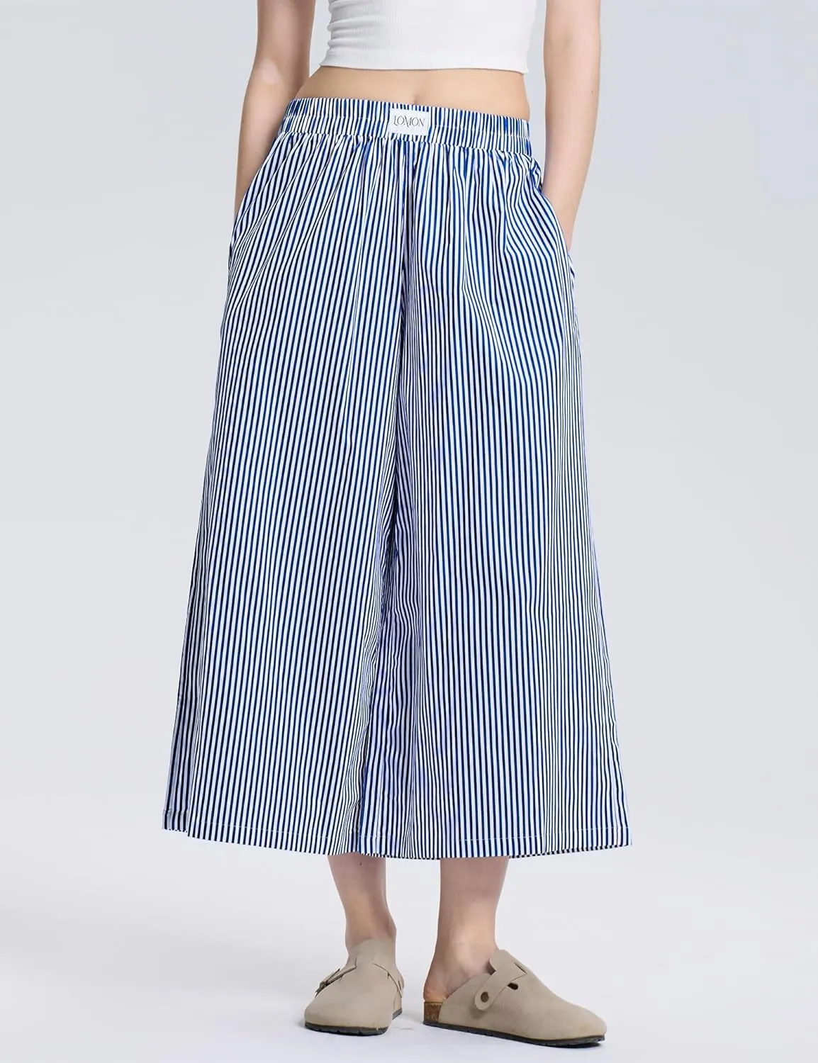 LOMON Womens Wide Leg Capri Pants Cotton Gingham Plaid Culottes Summer Elastic Waist Palazzo Trousers Bottoms with Pockets
