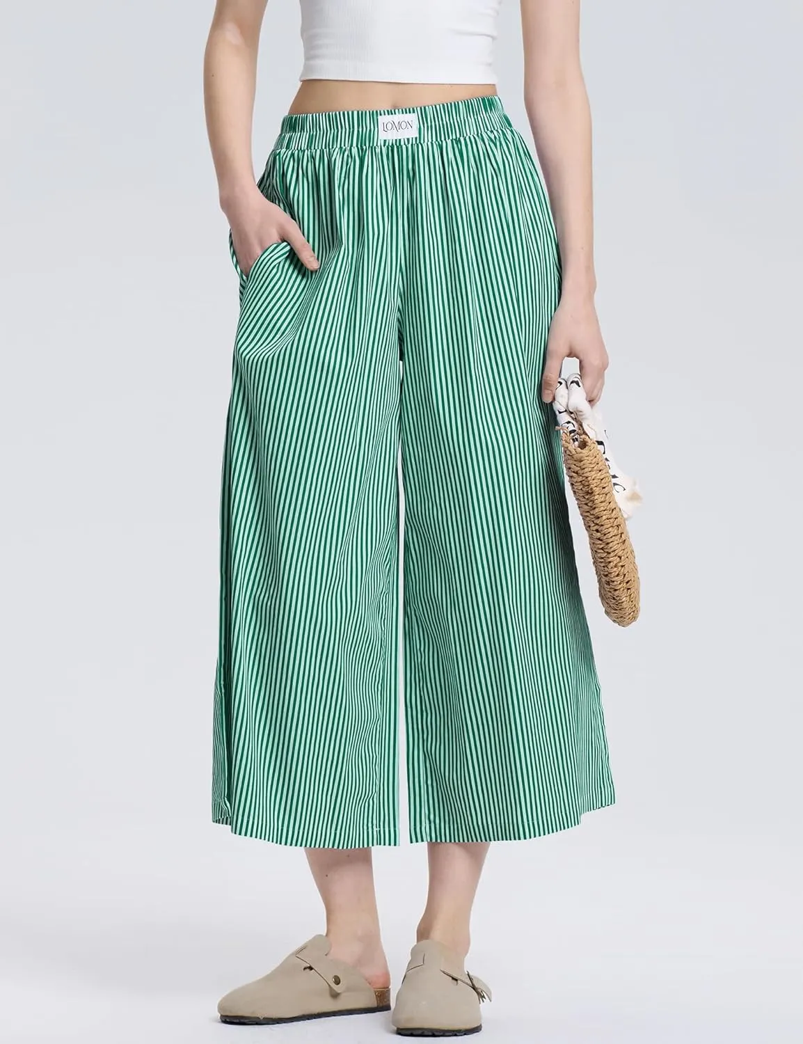 LOMON Womens Wide Leg Capri Pants Cotton Gingham Plaid Culottes Summer Elastic Waist Palazzo Trousers Bottoms with Pockets