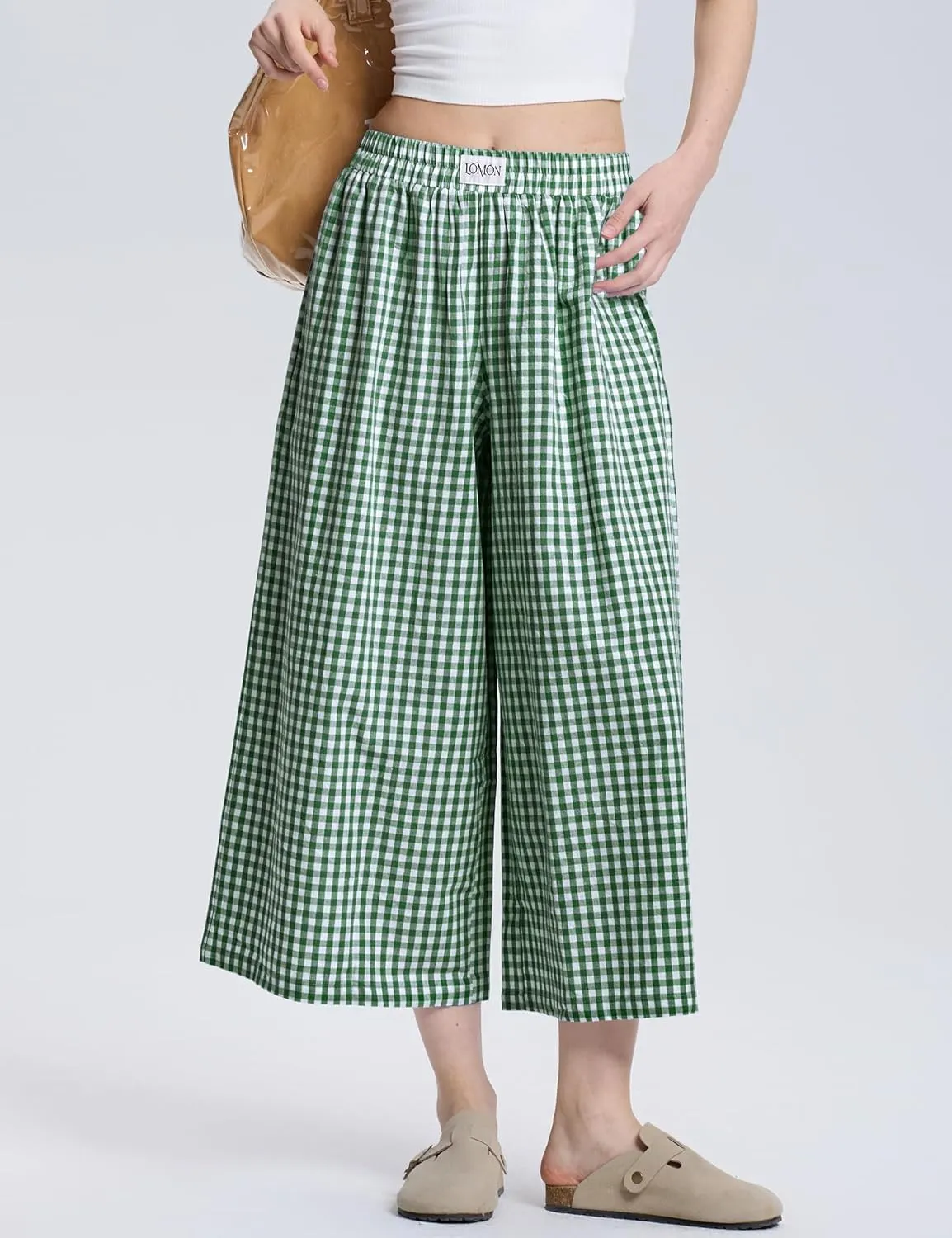 LOMON Womens Wide Leg Capri Pants Cotton Gingham Plaid Culottes Summer Elastic Waist Palazzo Trousers Bottoms with Pockets
