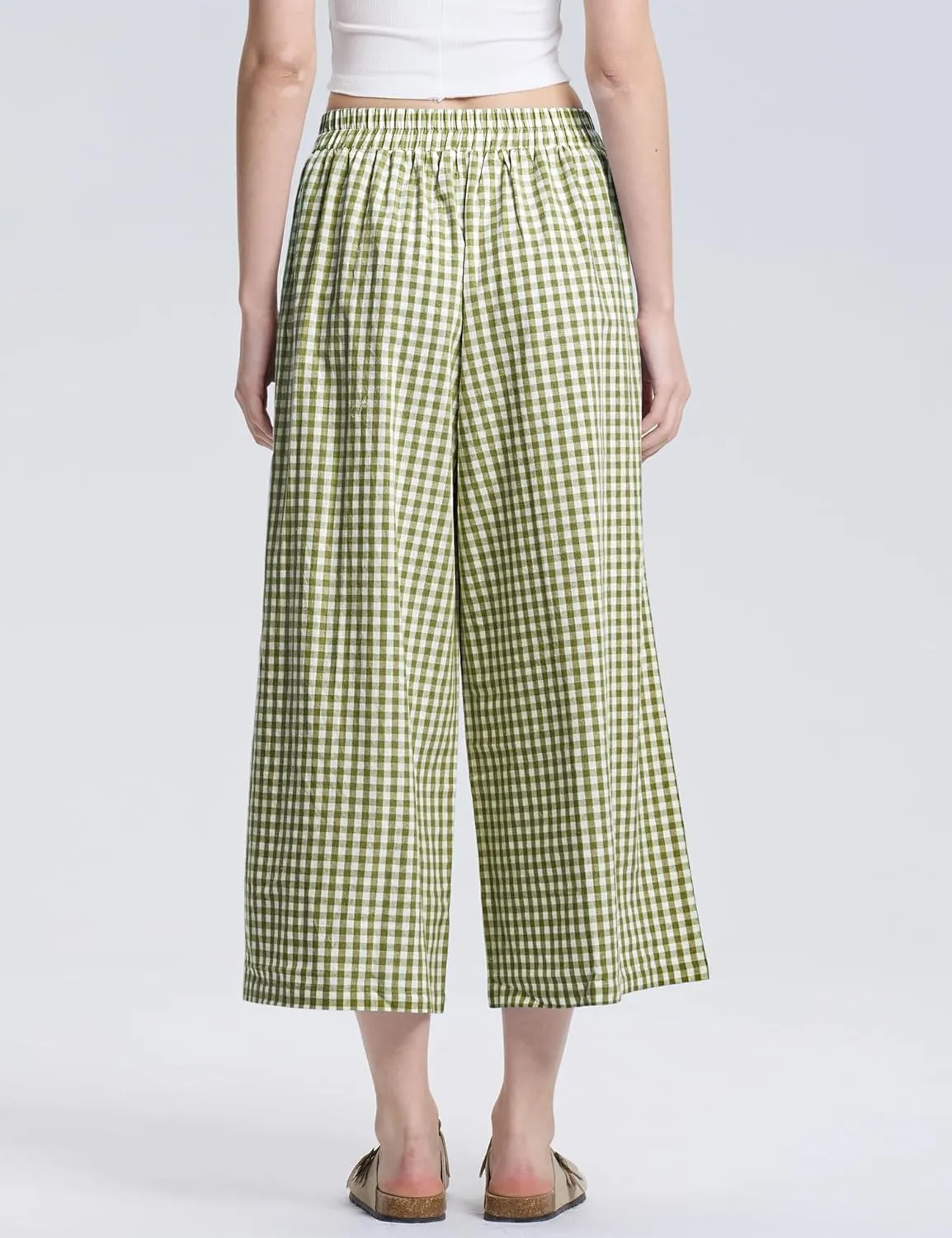 LOMON Womens Wide Leg Capri Pants Cotton Gingham Plaid Culottes Summer Elastic Waist Palazzo Trousers Bottoms with Pockets
