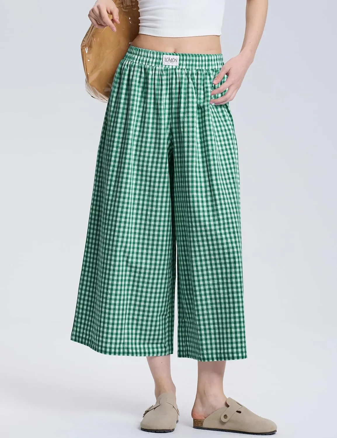 LOMON Womens Wide Leg Capri Pants Cotton Gingham Plaid Culottes Summer Elastic Waist Palazzo Trousers Bottoms with Pockets