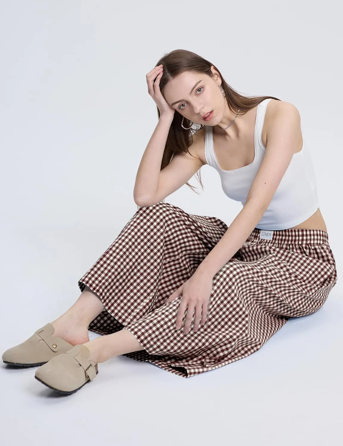 LOMON Womens Wide Leg Capri Pants Cotton Gingham Plaid Culottes Summer Elastic Waist Palazzo Trousers Bottoms with Pockets