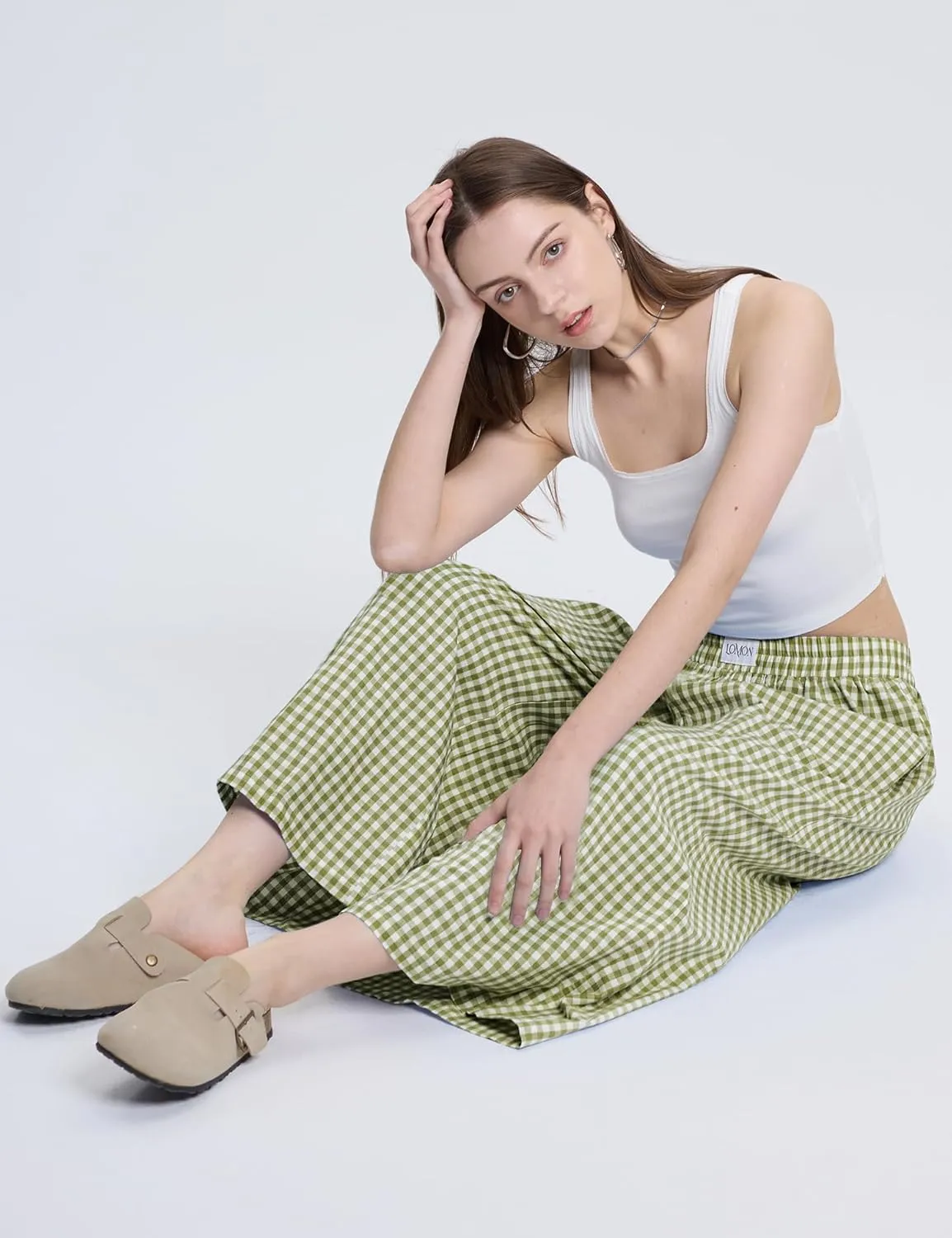 LOMON Womens Wide Leg Capri Pants Cotton Gingham Plaid Culottes Summer Elastic Waist Palazzo Trousers Bottoms with Pockets