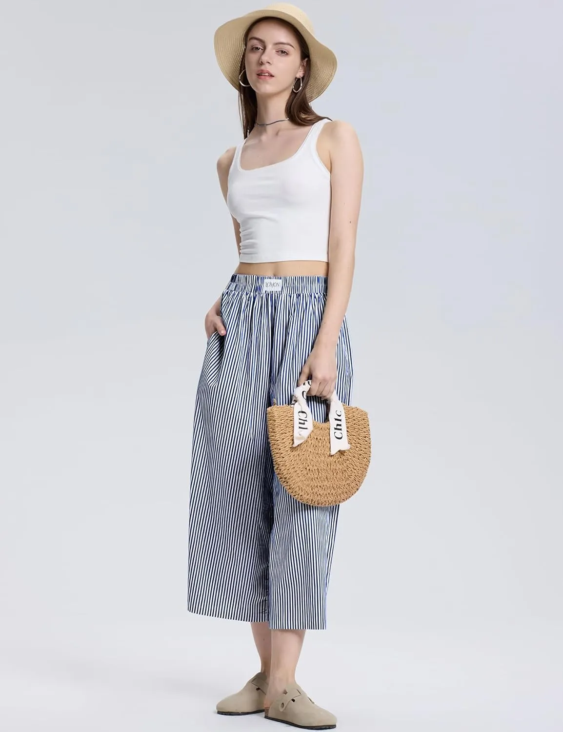 LOMON Womens Wide Leg Capri Pants Cotton Gingham Plaid Culottes Summer Elastic Waist Palazzo Trousers Bottoms with Pockets