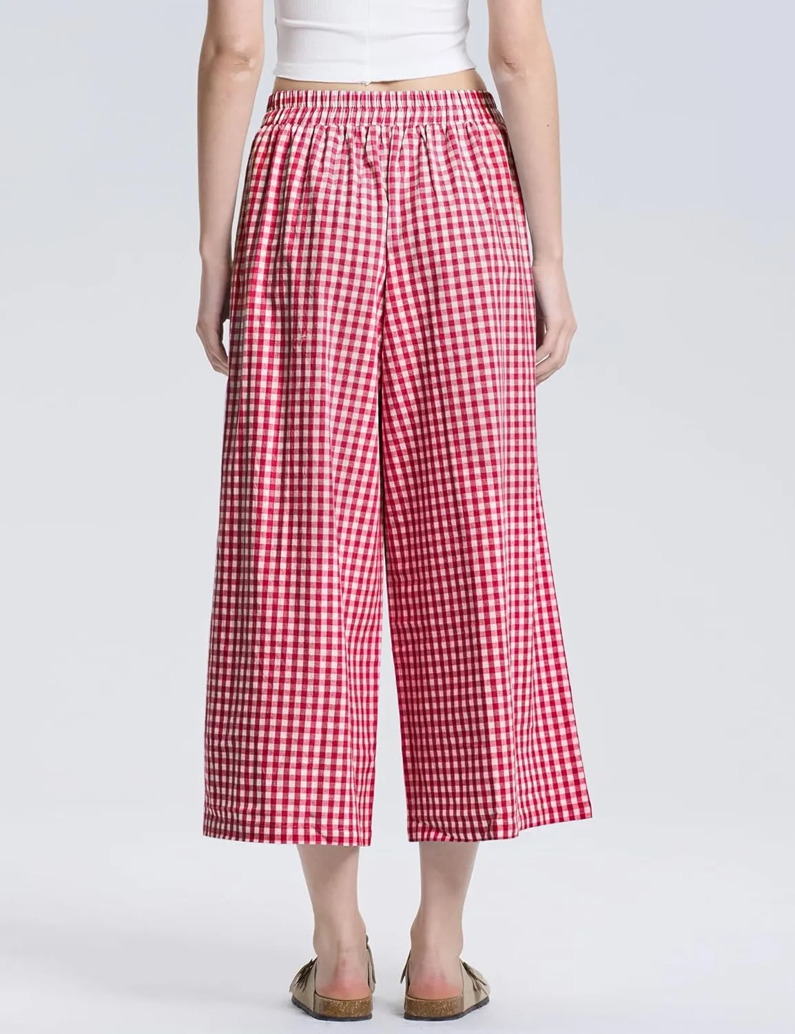 LOMON Womens Wide Leg Capri Pants Cotton Gingham Plaid Culottes Summer Elastic Waist Palazzo Trousers Bottoms with Pockets