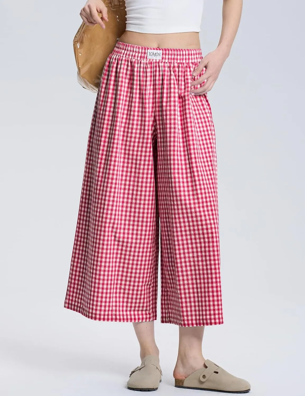 LOMON Womens Wide Leg Capri Pants Cotton Gingham Plaid Culottes Summer Elastic Waist Palazzo Trousers Bottoms with Pockets
