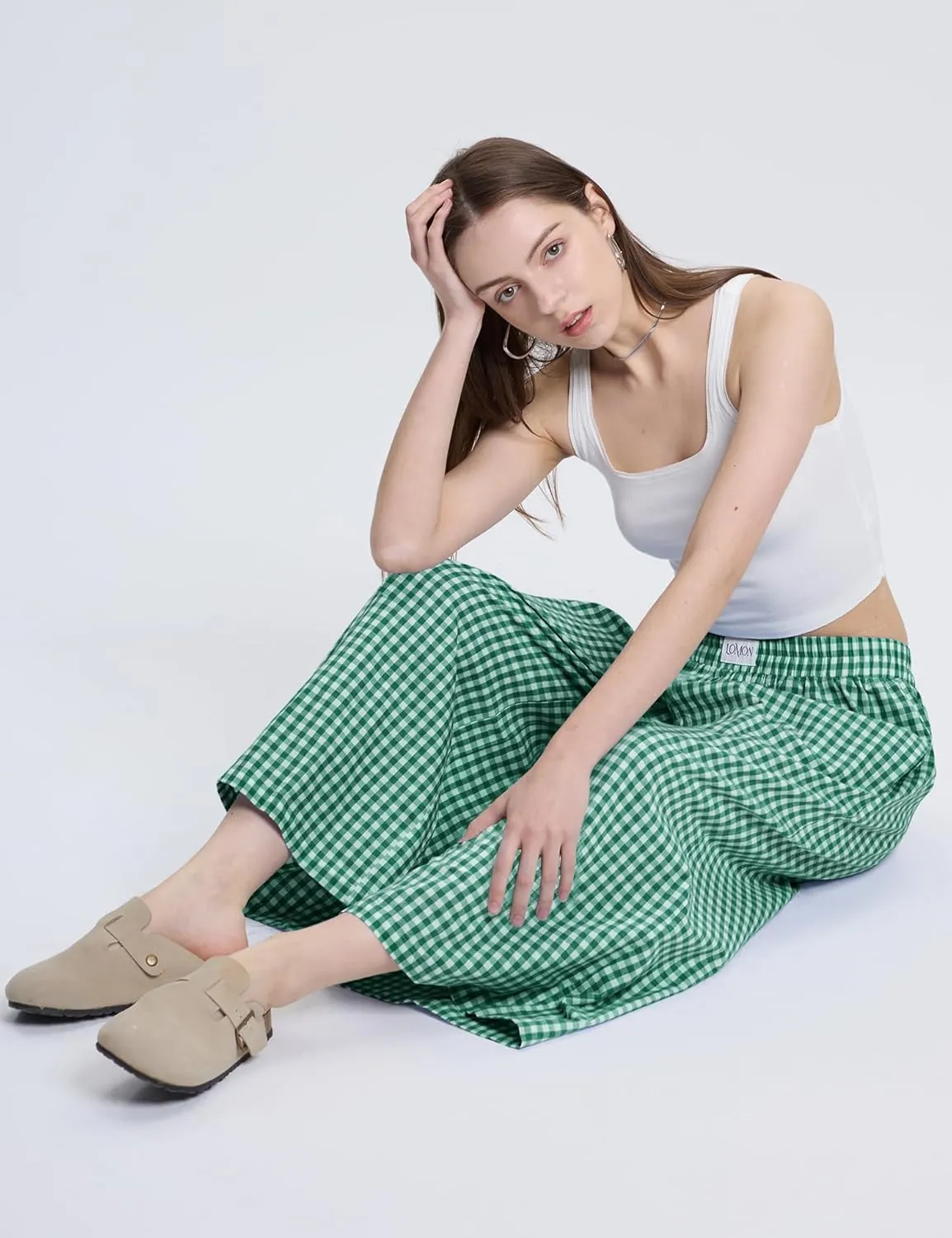 LOMON Womens Wide Leg Capri Pants Cotton Gingham Plaid Culottes Summer Elastic Waist Palazzo Trousers Bottoms with Pockets