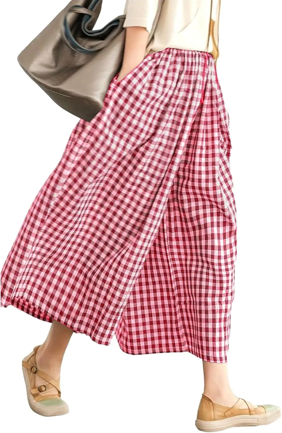 LOMON Womens Wide Leg Capri Pants Cotton Gingham Plaid Culottes Summer Elastic Waist Palazzo Trousers Bottoms with Pockets