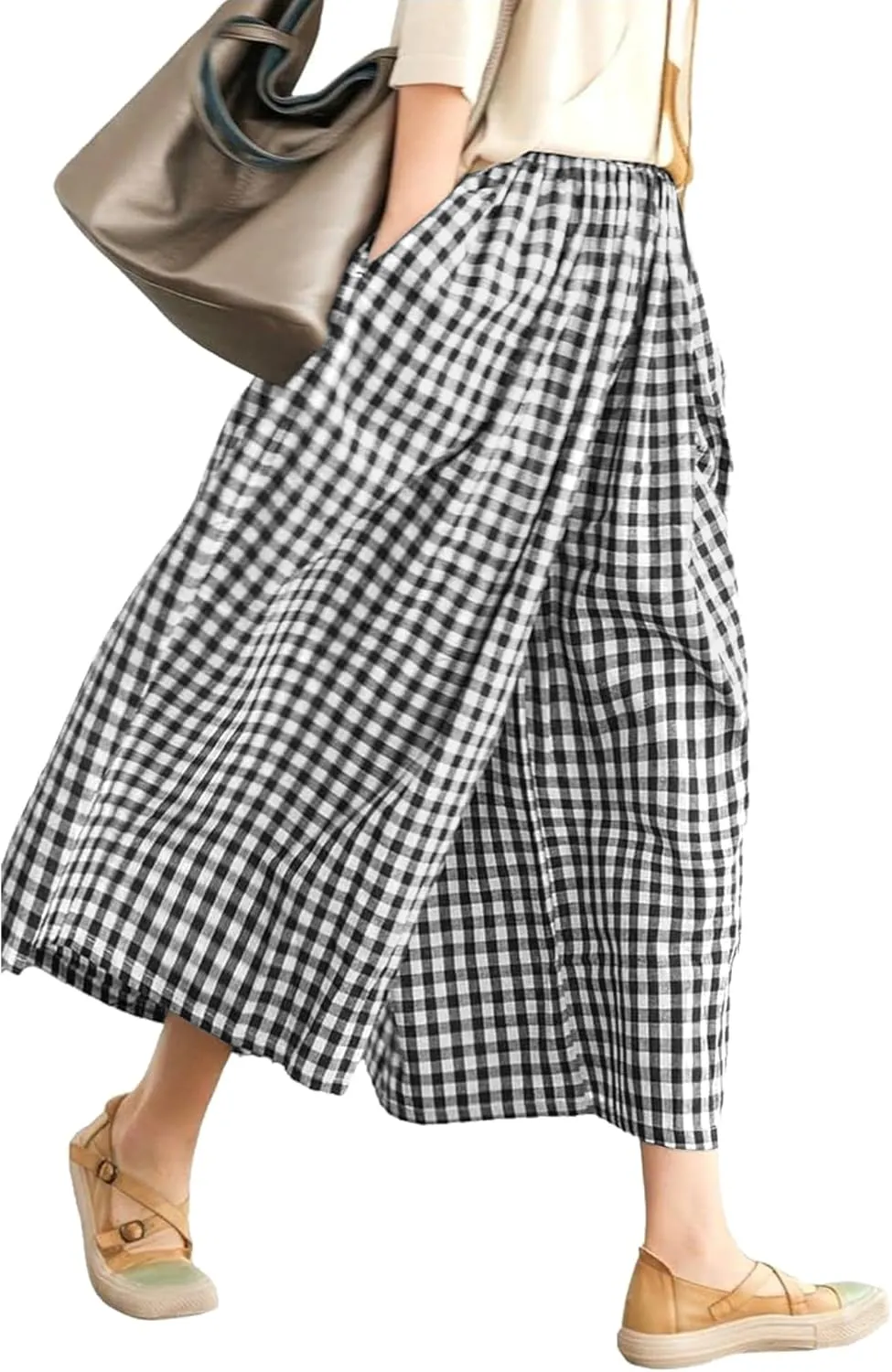 LOMON Womens Wide Leg Capri Pants Cotton Gingham Plaid Culottes Summer Elastic Waist Palazzo Trousers Bottoms with Pockets