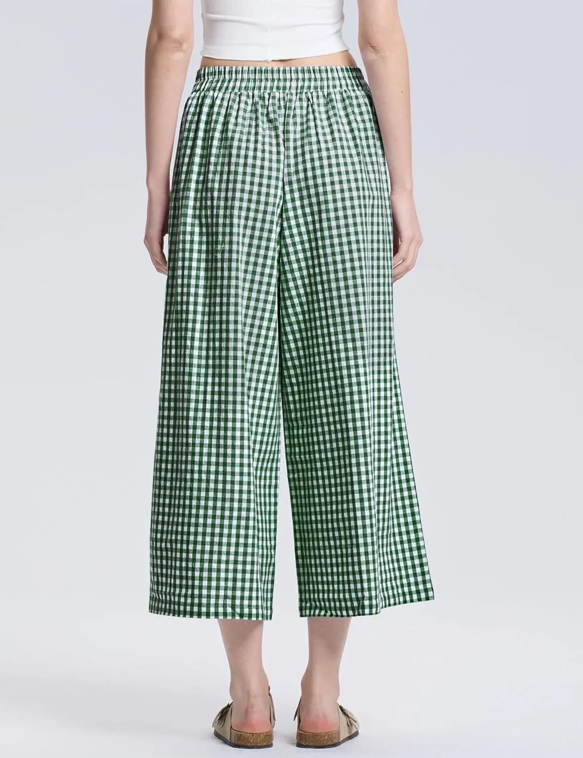 LOMON Womens Wide Leg Capri Pants Cotton Gingham Plaid Culottes Summer Elastic Waist Palazzo Trousers Bottoms with Pockets