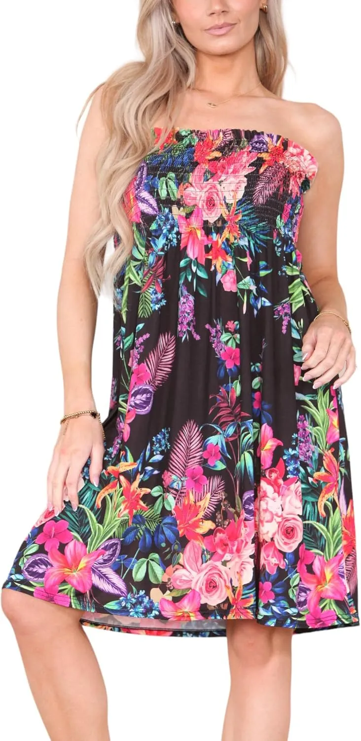 Loxdonz Summer Dresses for Women Strapless Boho Floral Print Sundress Tube Top Dress Beach Cover Ups