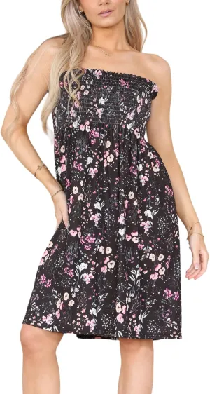 Loxdonz Summer Dresses for Women Strapless Boho Floral Print Sundress Tube Top Dress Beach Cover Ups