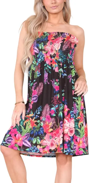 Loxdonz Summer Dresses for Women Strapless Boho Floral Print Sundress Tube Top Dress Beach Cover Ups