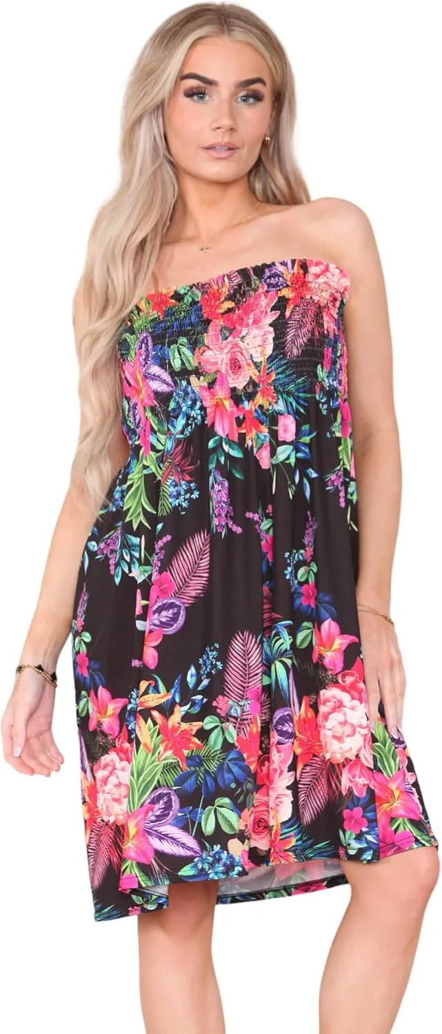 Loxdonz Summer Dresses for Women Strapless Boho Floral Print Sundress Tube Top Dress Beach Cover Ups