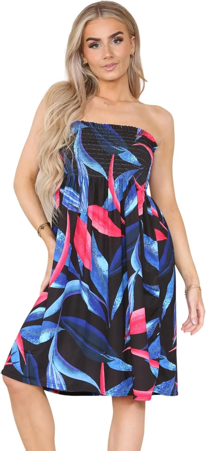 Loxdonz Summer Dresses for Women Strapless Boho Floral Print Sundress Tube Top Dress Beach Cover Ups