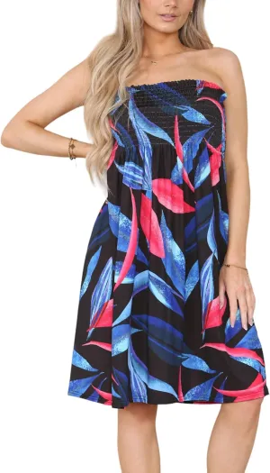 Loxdonz Summer Dresses for Women Strapless Boho Floral Print Sundress Tube Top Dress Beach Cover Ups