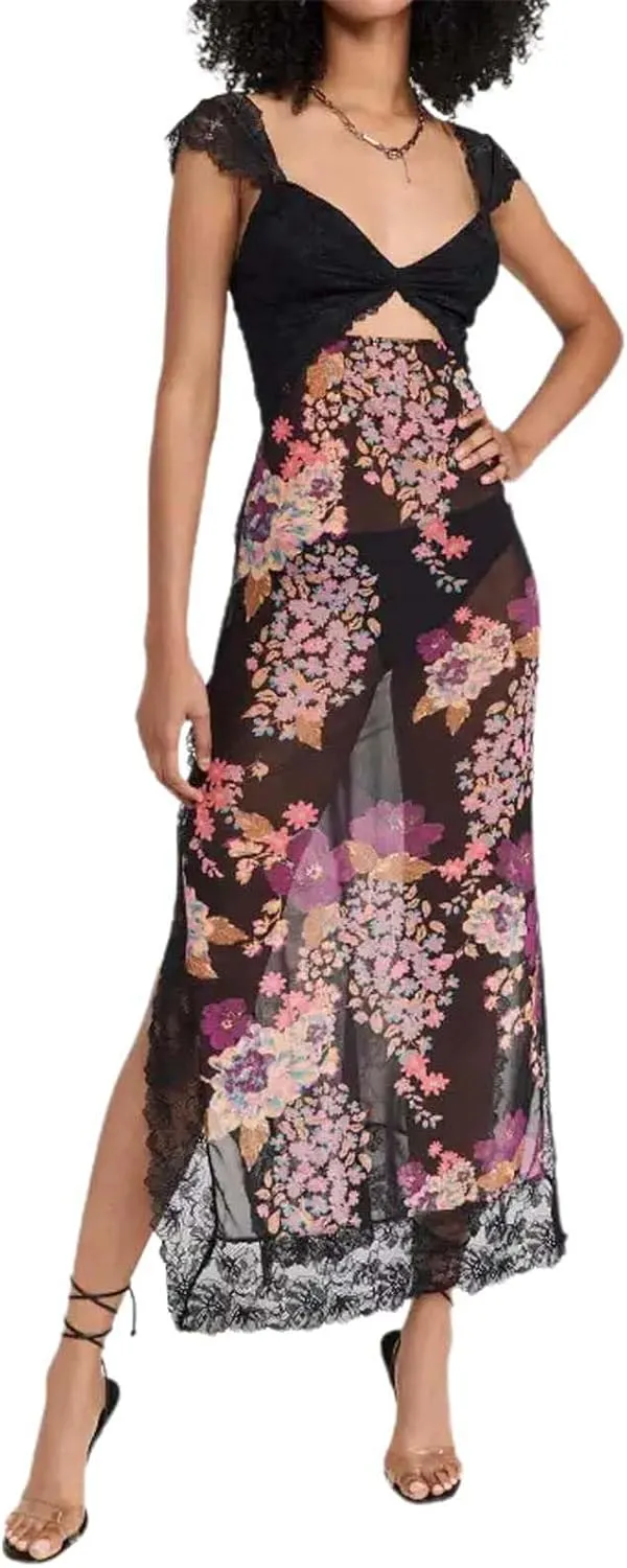 Luxurious Lace Trimmed Off Shoulder Maxi Dress with Ruffle Hem and Slit Summer Midi Dresses for Women