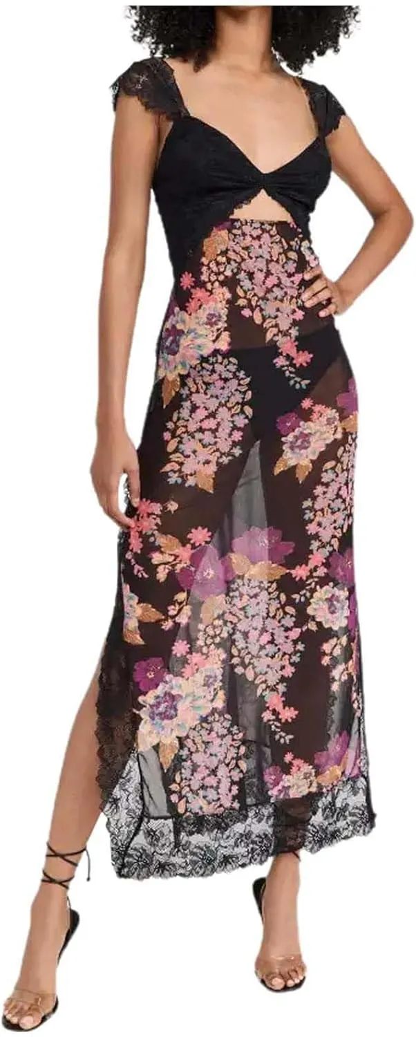 Luxurious Lace Trimmed Off Shoulder Maxi Dress with Ruffle Hem and Slit Summer Midi Dresses for Women