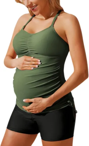 Maacie Maternity Athletic Tankini Swimsuits Two Piece Floral Print Ruched Tops with Shorts