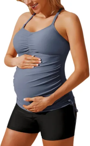Maacie Maternity Athletic Tankini Swimsuits Two Piece Floral Print Ruched Tops with Shorts