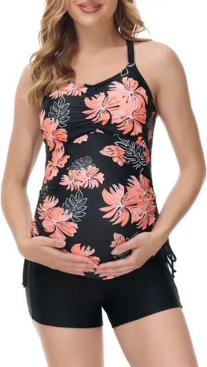 Maacie Maternity Athletic Tankini Swimsuits Two Piece Floral Print Ruched Tops with Shorts