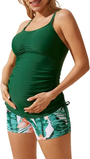 Maacie Maternity Athletic Tankini Swimsuits Two Piece Floral Print Ruched Tops with Shorts
