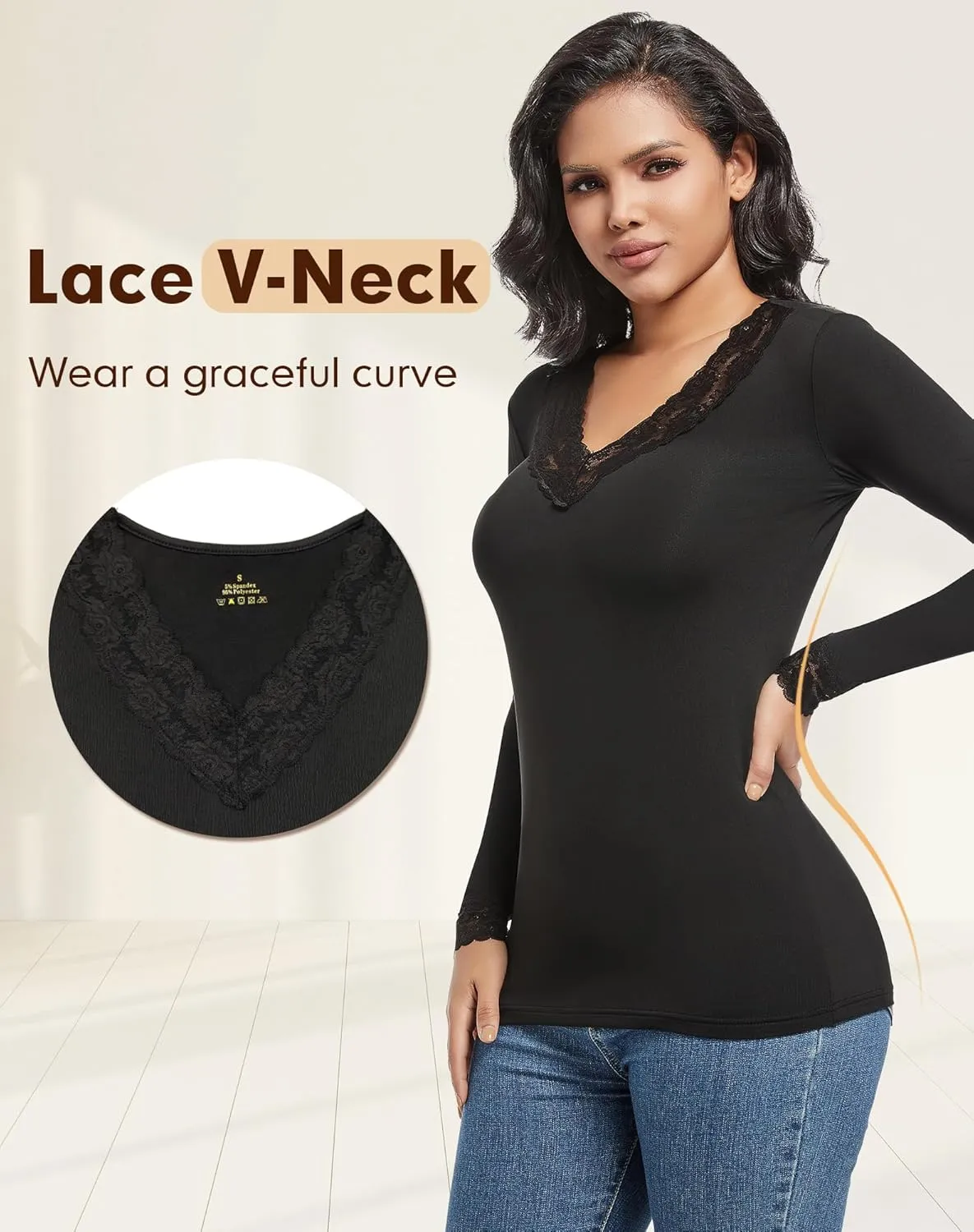 MANCYFIT Thermal Underwear for Women Long Sleeve Undershirt Lace V Neck Shirts Fleece Lined Tops Cold Weather